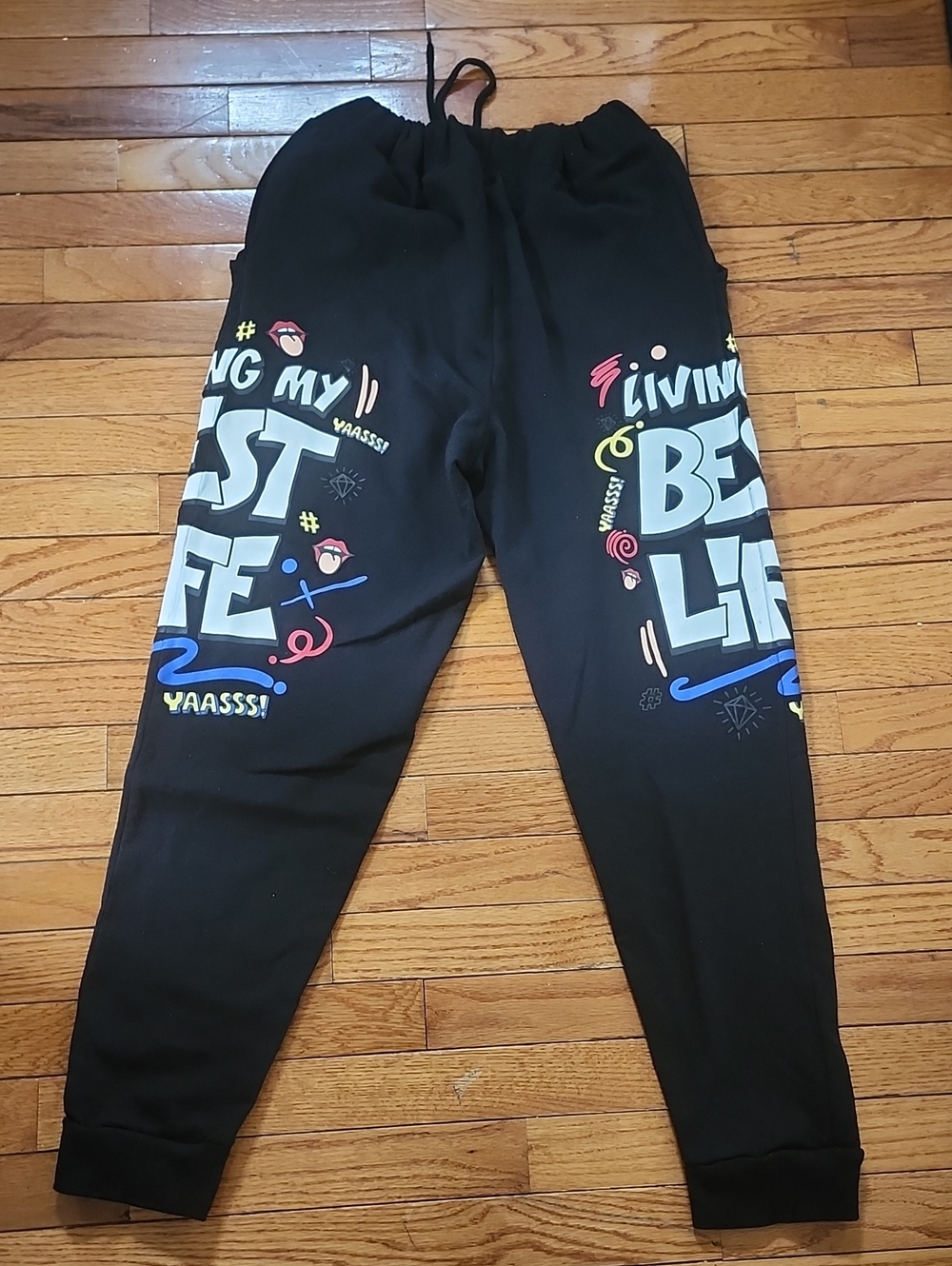 On Fire Black Joggers with Multicolor Graphic "Living My Best Life"; 2X